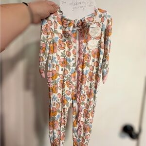 Milkberry Floral Bamboo Rayon One Piece Footies With Headband New 6-9 Months